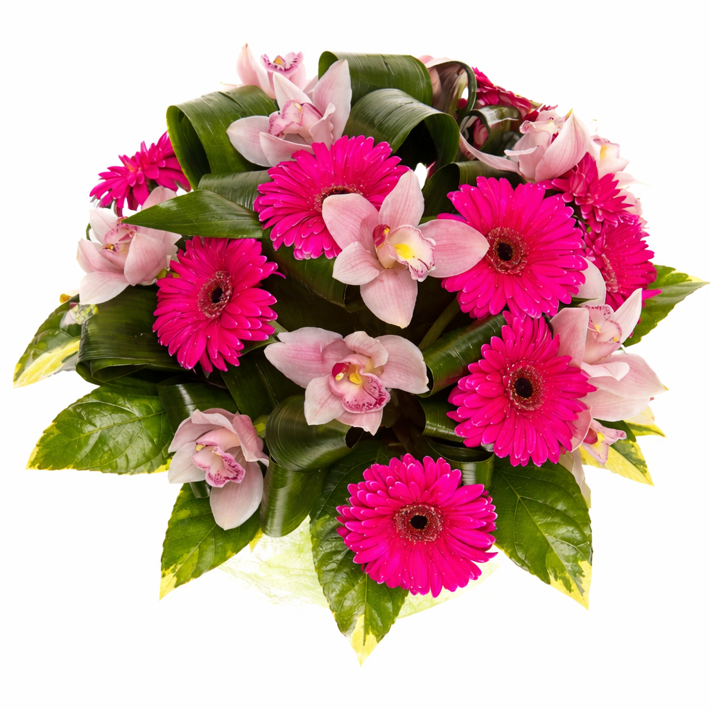 Букет из гербер и орхидей «Малиновое небо» Букет из гербер и орхидей «Малиновое небо»