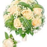 Wedding bouquet of the bride with boutonniere