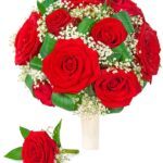 Wedding bouquet of the bride with boutonniere