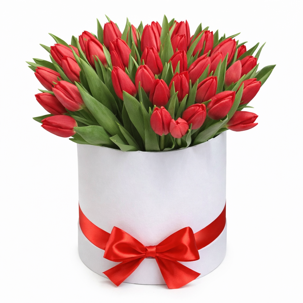 51 красный тюльпан в коробке 51 красный тюльпан в коробке