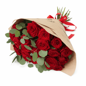 Букет 25 красных роз с эвкалиптом № 156