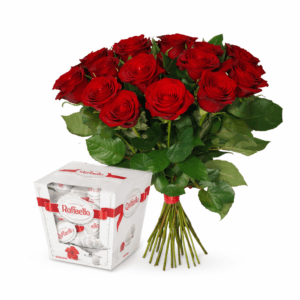 Красная роза 15 шт и «Рафаэлло»