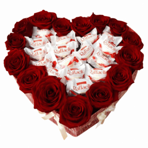 Сердце рафаэлло и 15 красных роз