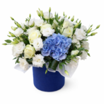 Букет из гортензии эустомы белой и розы аваланч