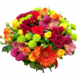 Яркий микс из герберы, орхидеи, сантини, роз и хризантем
