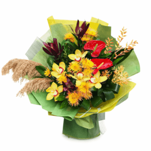 Букет из антуриума цимбидиума рускуса итальянского фоляриса хризантемы
