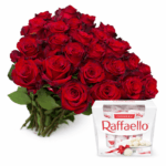 25 роз с красной лентой + Raffaello