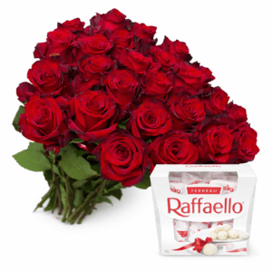 25 роз с красной лентой + Raffaello