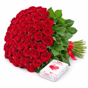 101 красная роза + коробка конфет Raffaello