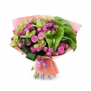 Букет из пионовидной кустовой розы, цимбидиума, антуриума