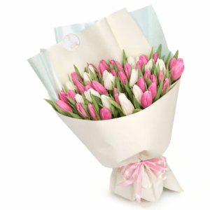 Букет 51 тюльпан белый и розовый