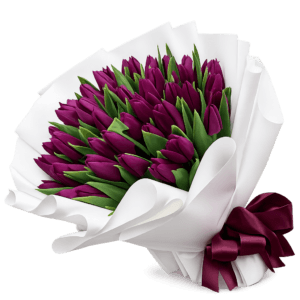 Букет фіолетових тюльпанів з атласною стрічкою