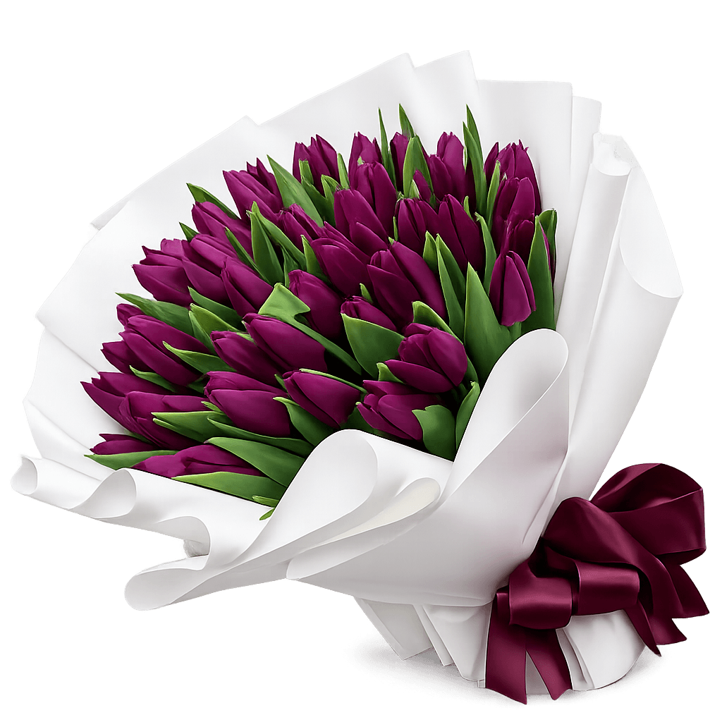 Букет фіолетових тюльпанів з атласною стрічкою Букет фіолетових тюльпанів з атласною стрічкою