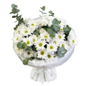 Букет из белоснежных хризантем с эвкалиптом